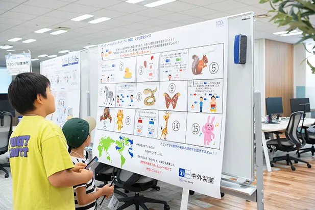 子どもが大きなパネルを見ながらくすり開発クイズに挑戦している様子