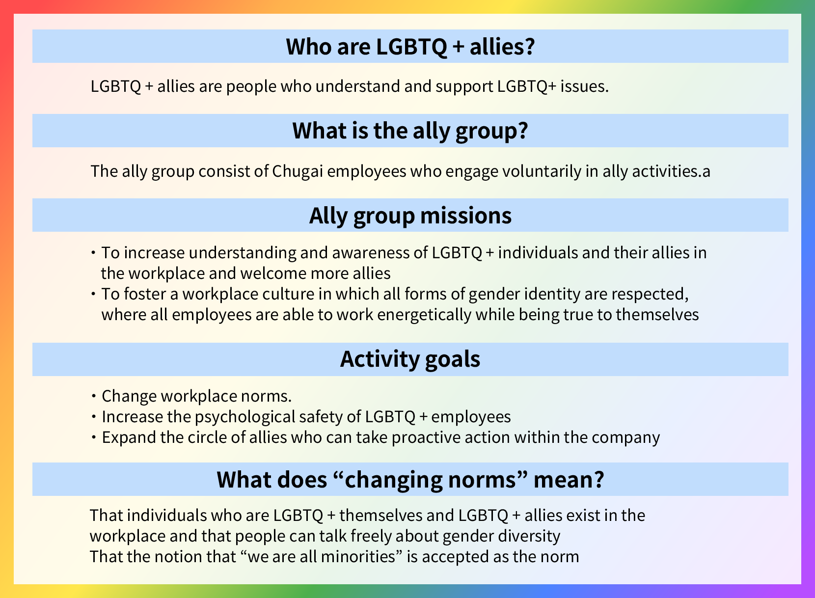 Who are LGBTQ + allies?
LGBTQ + allies are people who understand and support LGBTQ+ issues.
What is the ally group?
The ally group consist of Chugai employees who engage voluntarily in ally activities.a
Ally group missions
・ To increase understanding and awareness of LGBTQ + individuals and their allies in the workplace and welcome more allies
・ To foster a workplace culture in which all forms of gender identity are respected, where all employees are able to work energetically while being true to themselves
Activity goals
・ Change workplace norms.
・ Increase the psychological safety of LGBTQ + employees
・ Expand the circle of allies who can take proactive action within the company
What does “changing norms” mean?
That individuals who are LGBTQ + themselves and LGBTQ + allies exist in the workplace and that people can talk freely about gender diversity That the notion that “we are all minorities” is accepted as the norm