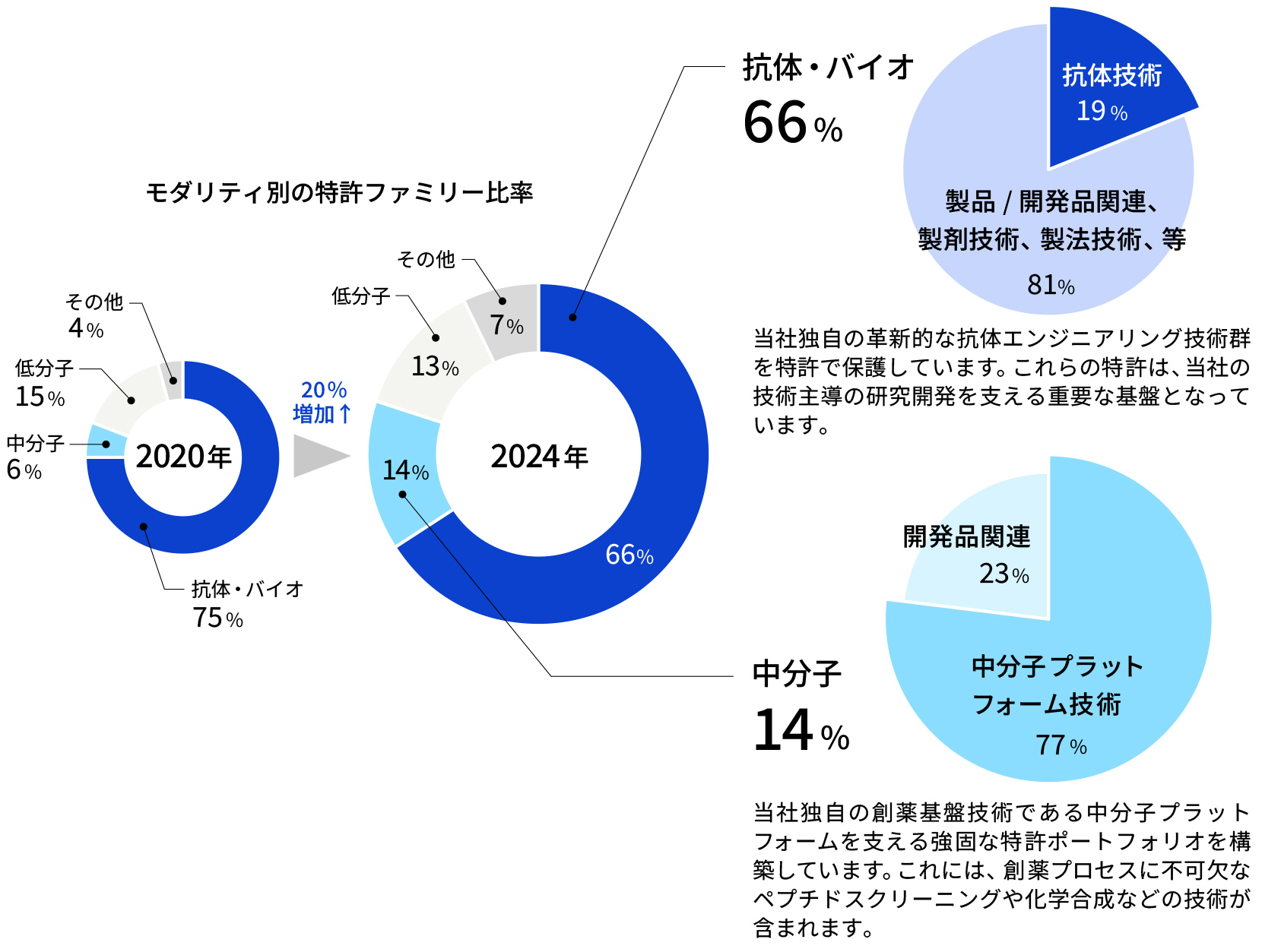 モダリティ別の特許ファミリー比率：2020年は抗体・バイオが75％、中分子が6％、低分子が15％、その他が4％だったが、2024年には抗体・バイオが66％、中分子が14％、低分子が13％、その他が7％となっています。2024年の抗体・バイオの内訳は、抗体技術が19％、製品/開発品関連、製剤技術、製法技術、等が81％となっており、当社独自の革新的な抗体エンジニアリング技術群を特許で保護しています。これらの特許は、当社の技術主導の研究開発を支える重要な基盤となっています。2024年の中分子の内訳は、中分子プラットフォーム技術が77％、開発品関連が23％となり、当社独自の創薬基盤技術である中分子プラットフォームを支える強固な特許ポートフォリオを構築しています。これには、創薬プロセスに不可なペプチドスクリーニングや化学合成などの技術が含まれます。