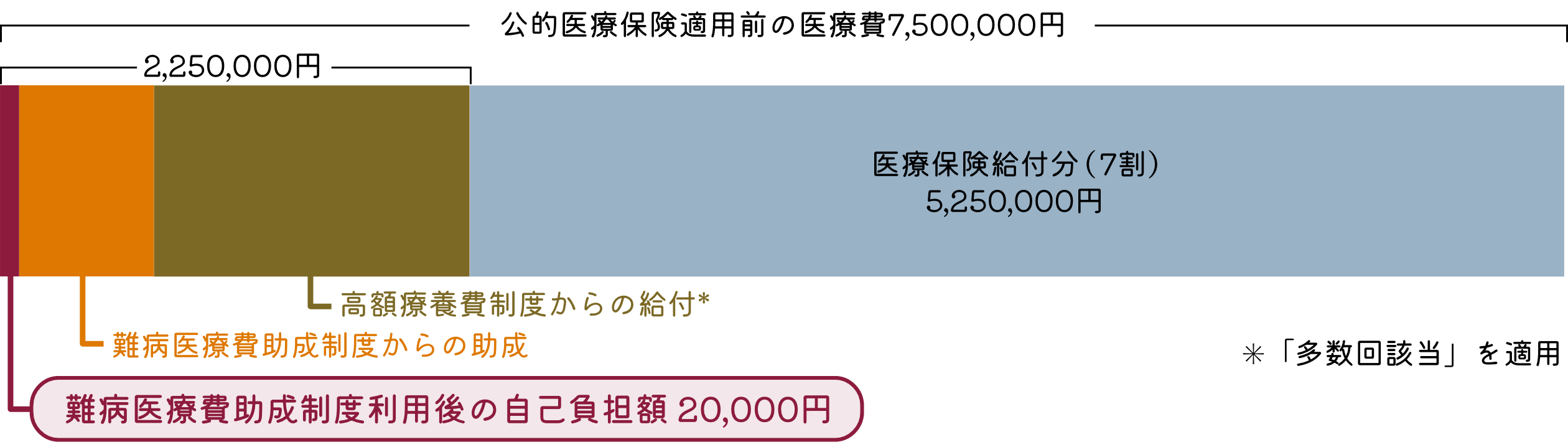 医療費の総額7,500,000円の3割2,250,000円のうち医療費助成が2,230,000円、難病医療費助成制度利用後の自己負担額20,000円
